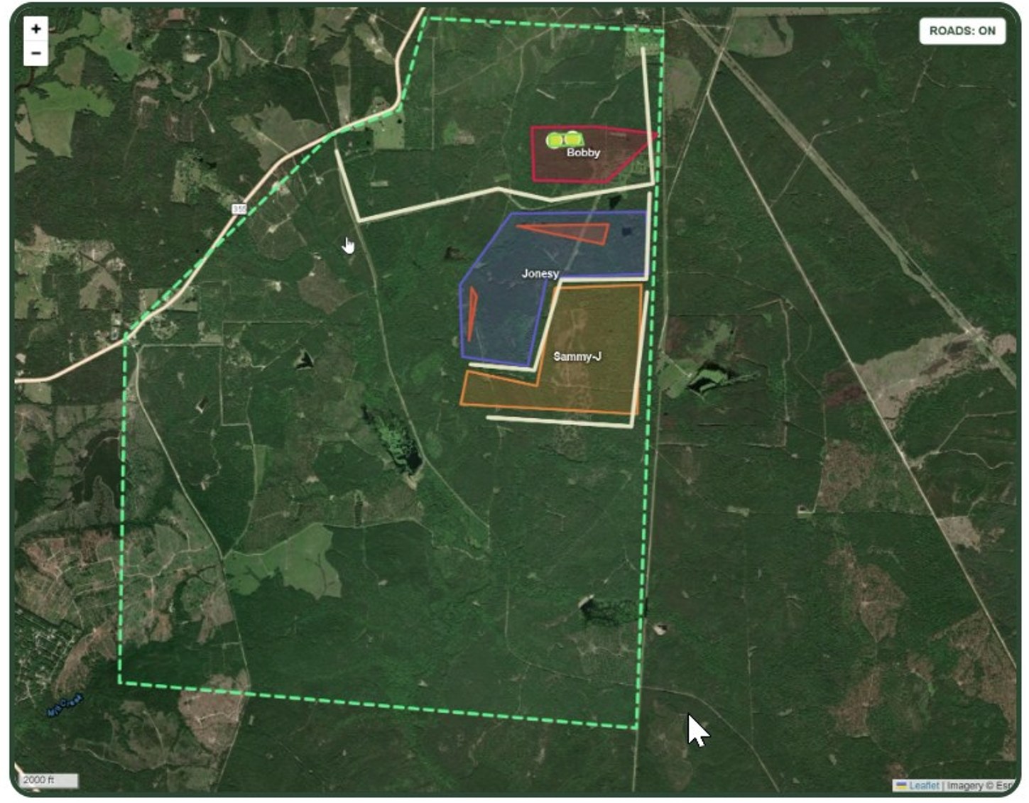 The same lease fully mapped: perimeter, sub-lease areas, lanes, roads, feeders, and food plots.